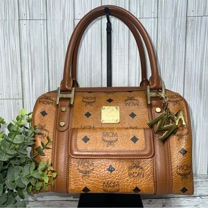 MCM Vintage Cognac Visetos Monogram Boston Satchel Bag with Gold Logo Plate